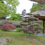 Blick von einer Meditationsbank hinter dem Teehaus auf den Garten